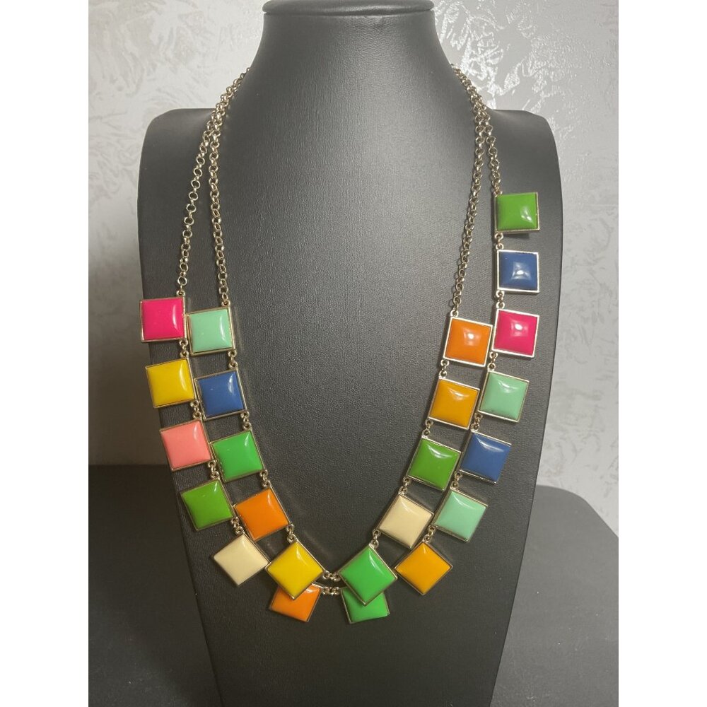 Tutti Frutti Art Deco Storm Colorful Geometric Necklace Gold Chain Square Tiles